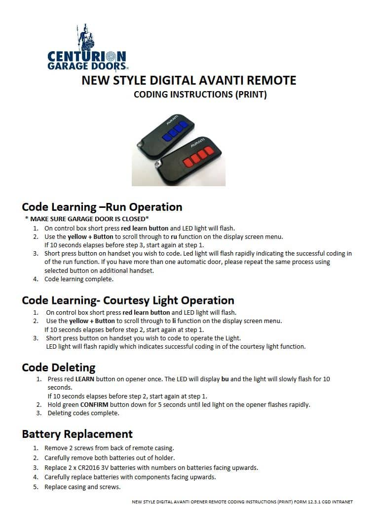 Avanti New Style Coding Instructions 2019 01 08 User Guides & Brochures