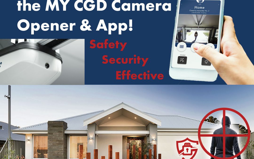 Garage Safety and Security Robber in Front of House and MY CGD App on a phone and camera garage door opener