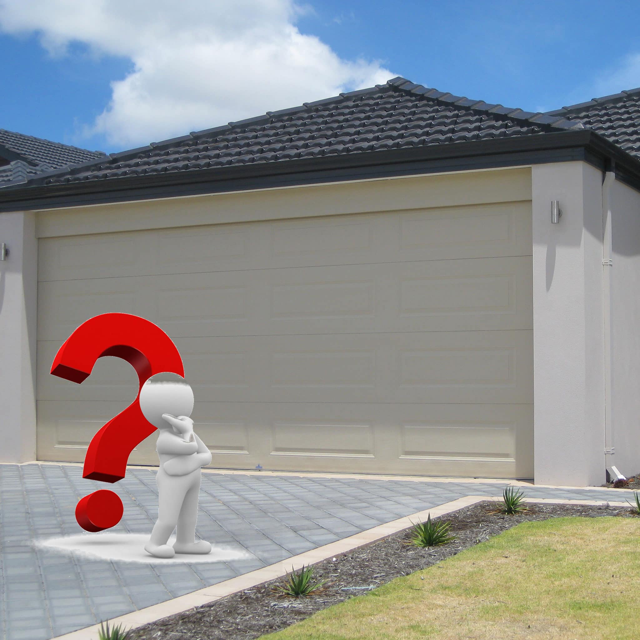 Person in thinking pose with question mark in front of a garage door of a house