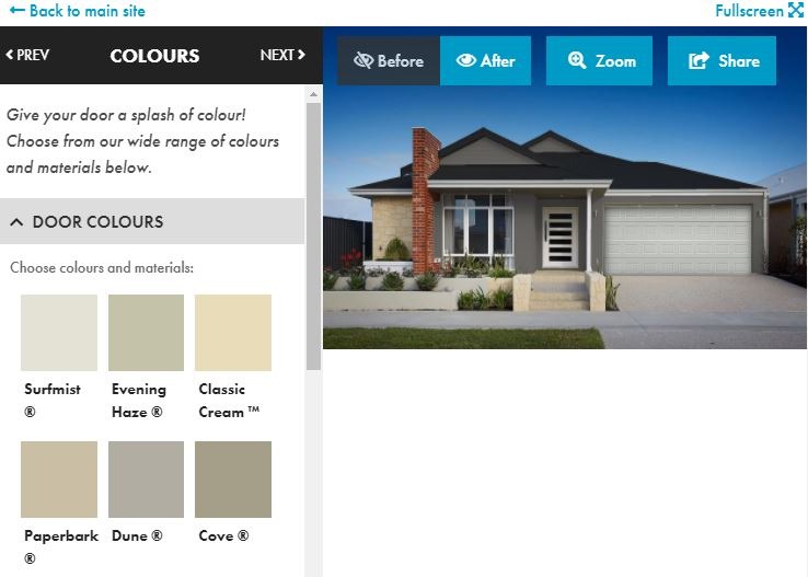 Visualiser Tool Garage Door Colour Selection Page